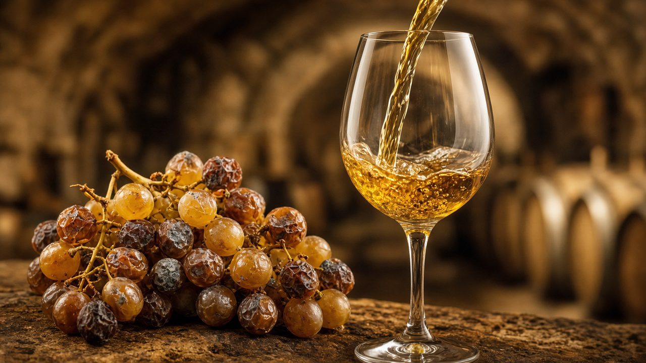 Noble-rot grapes and a pour of golden sweet wine in cellar warmth