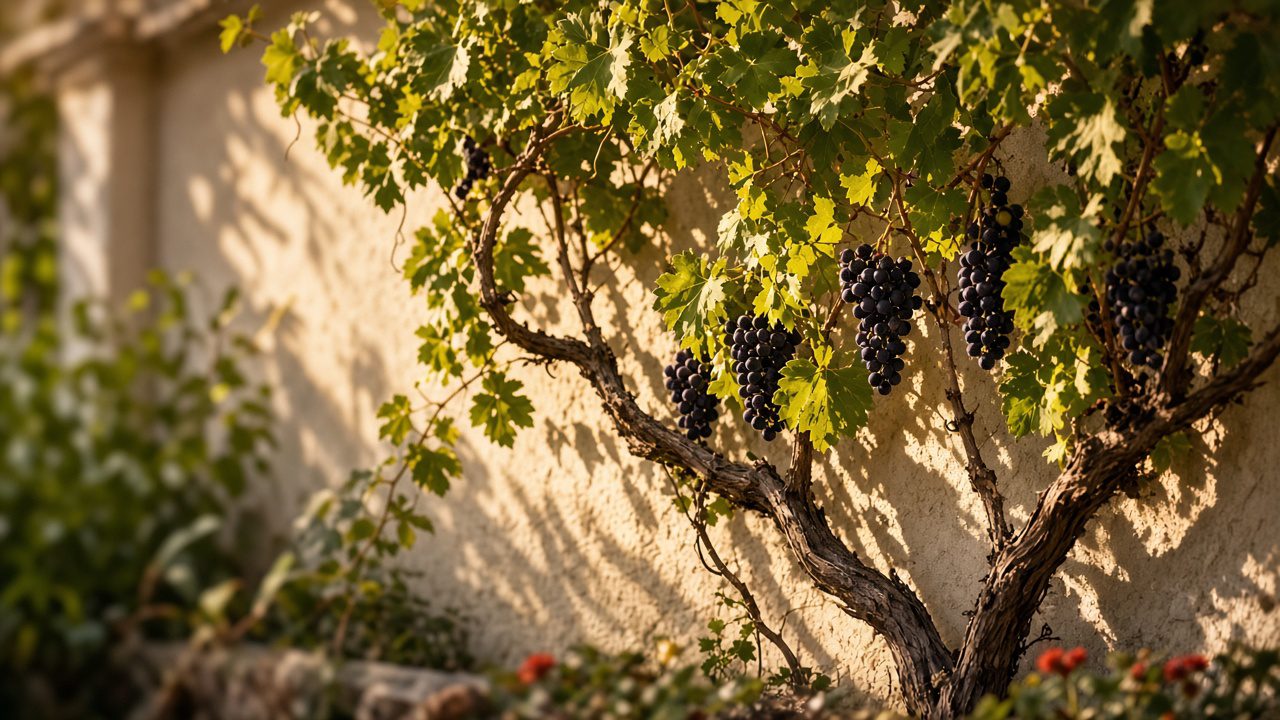 California mission garden grapevine in warm late light