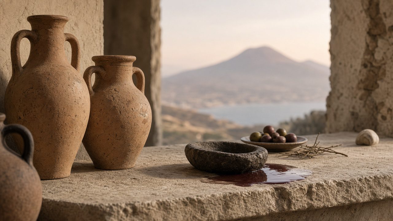 Roman tavern counter amphorae with warm stone and distant haze