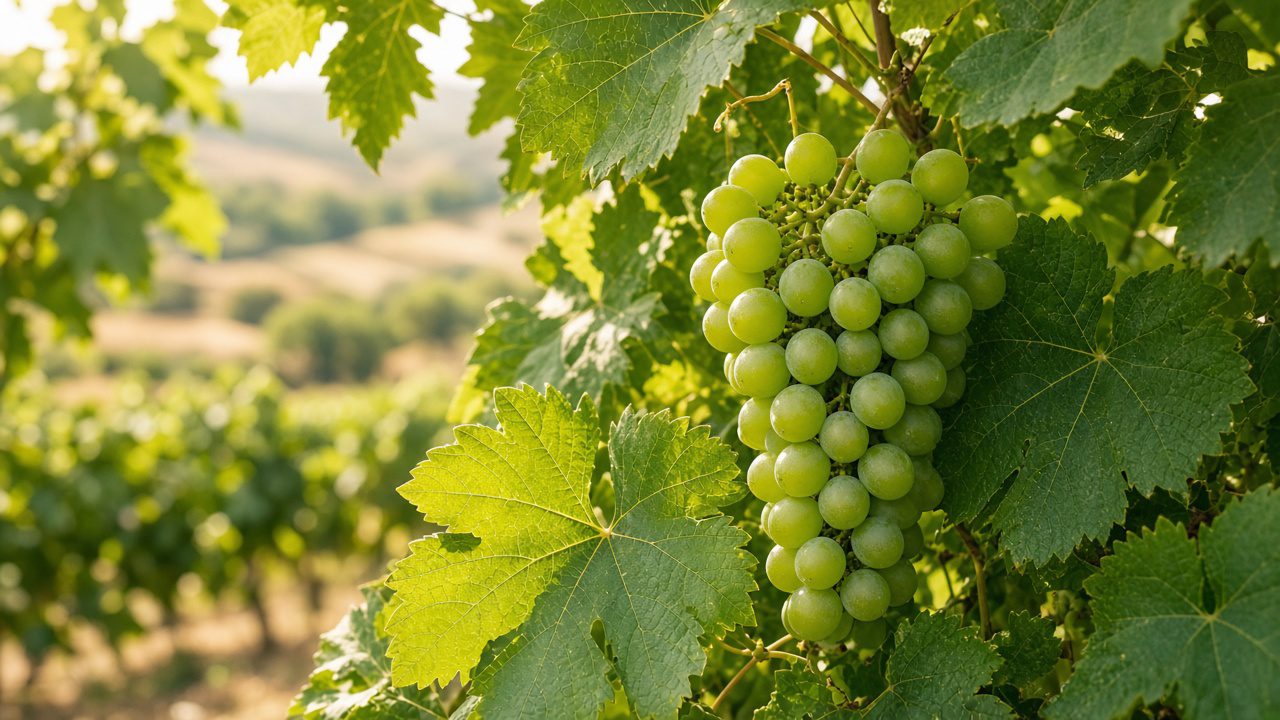 Green grape clusters in soft vineyard sunlight