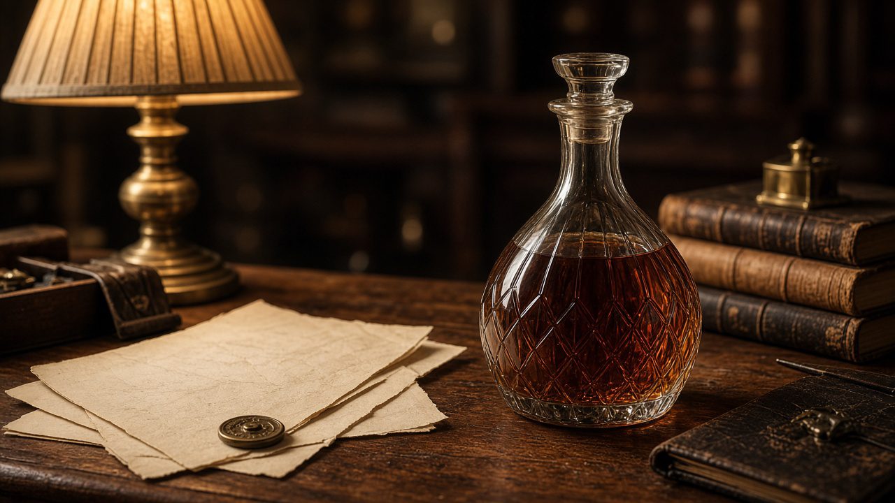Madeira decanter and colonial-era desk still life