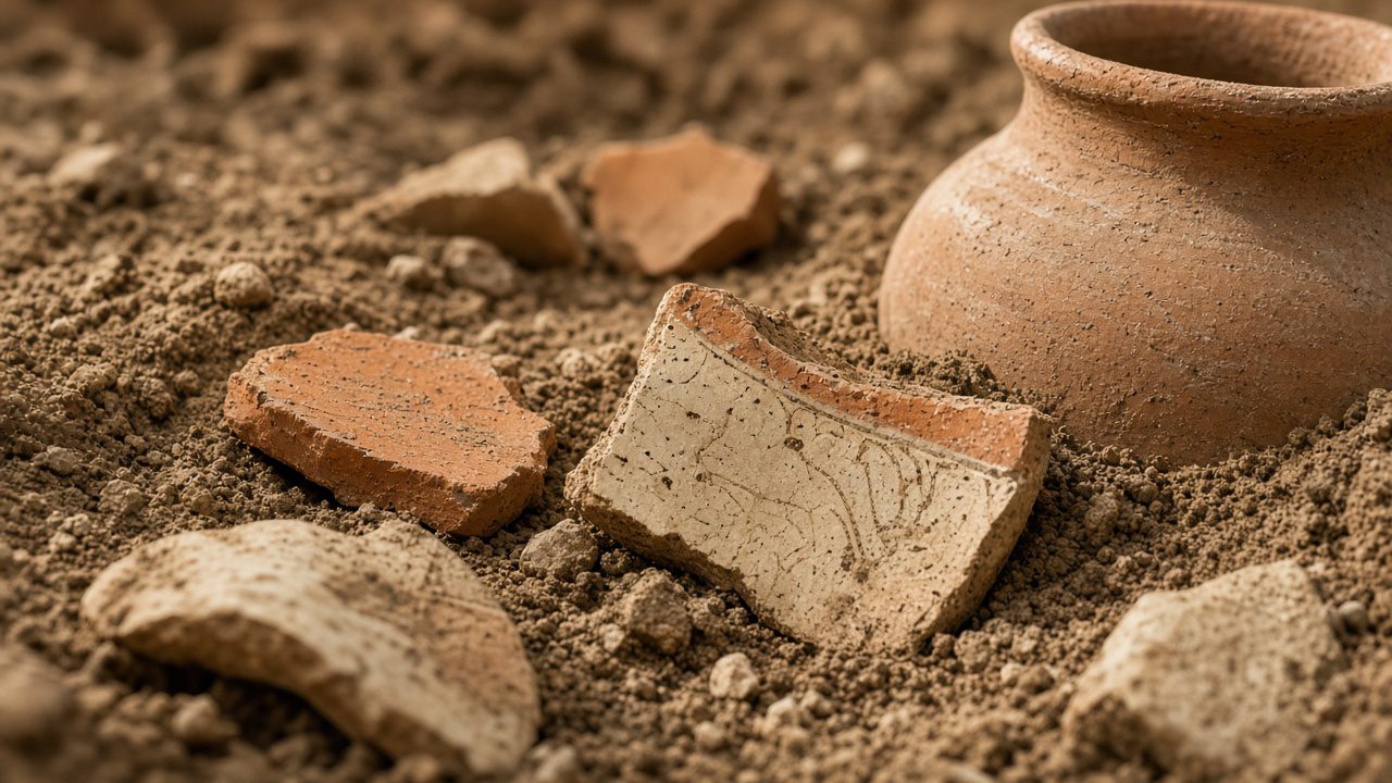 Ancient pottery shards and Georgian clay vessels buried in earth