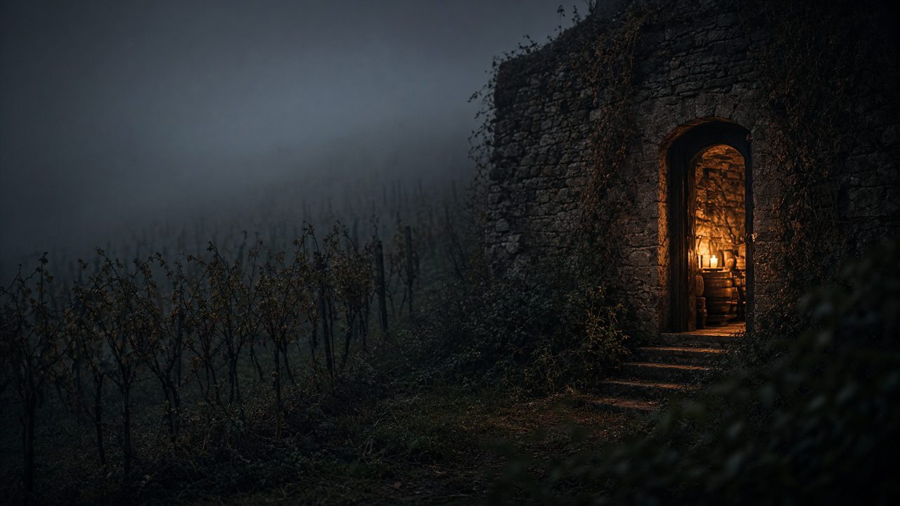 Foggy vineyard at night with candle glow in a cellar doorway