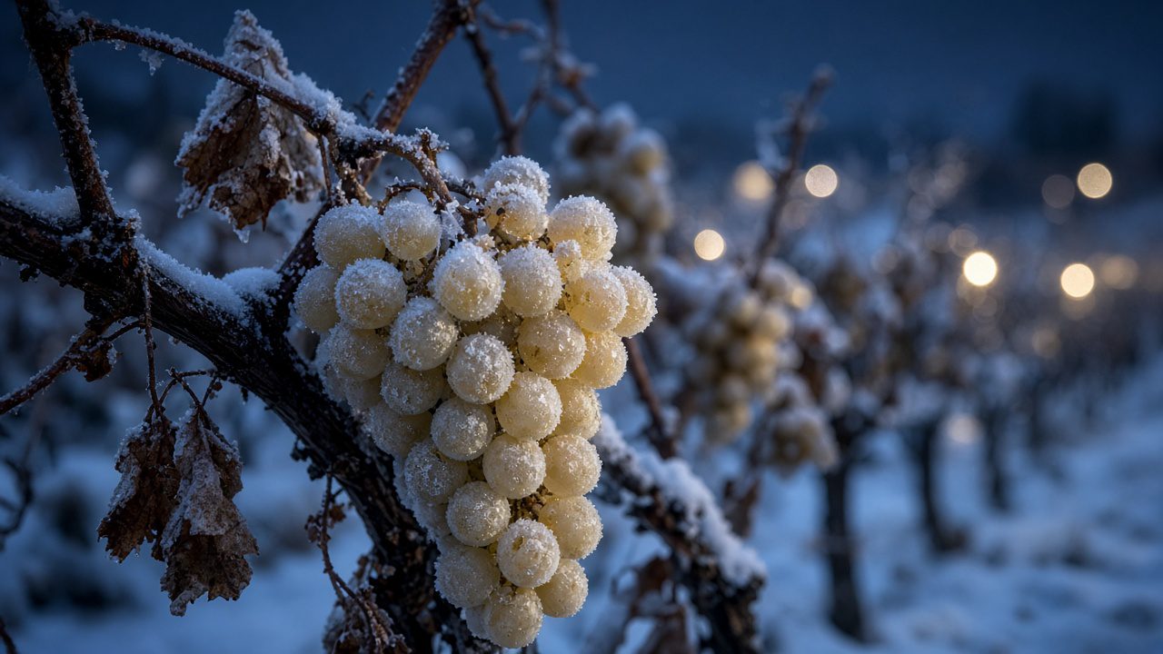 Frozen vineyard night harvest with icy grapes on the vine