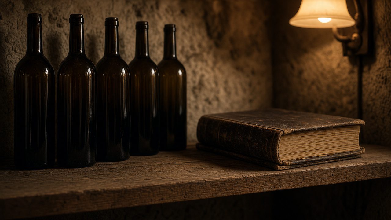 Communion wine bottles and ledger book in a quiet church cellar