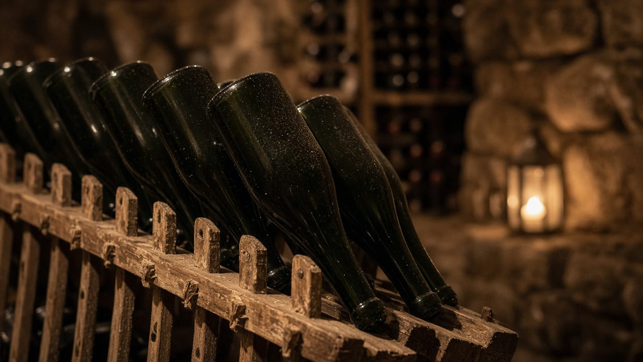 Champagne bottles inclined on a wooden riddling table in warm cellar light