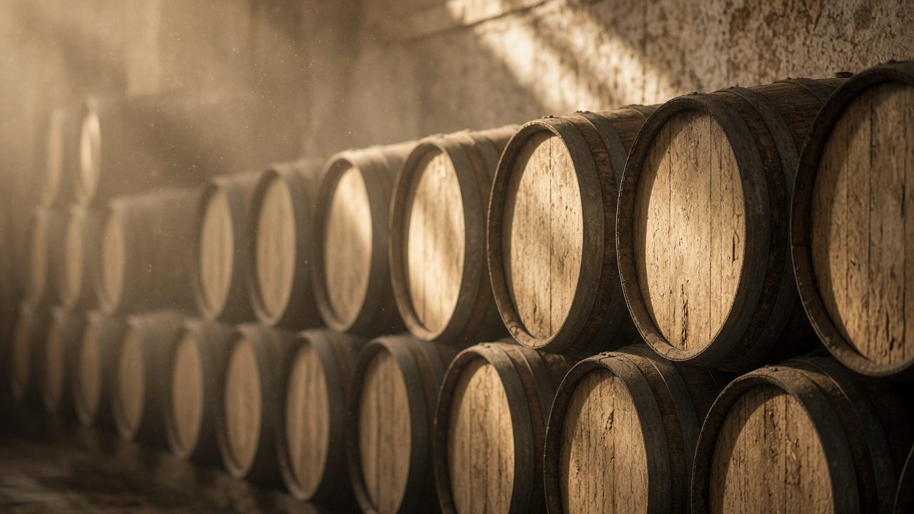 Stacked solera barrels in a Jerez bodega with shafts of light