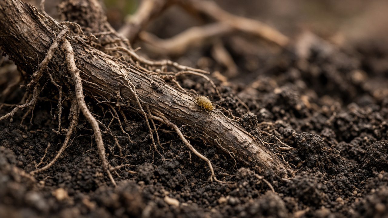Grafted vineyard roots in soil suggesting the phylloxera era
