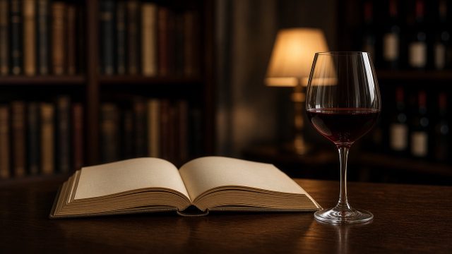 Quiet library table with open cream paper book, wine glass, and soft lamp light