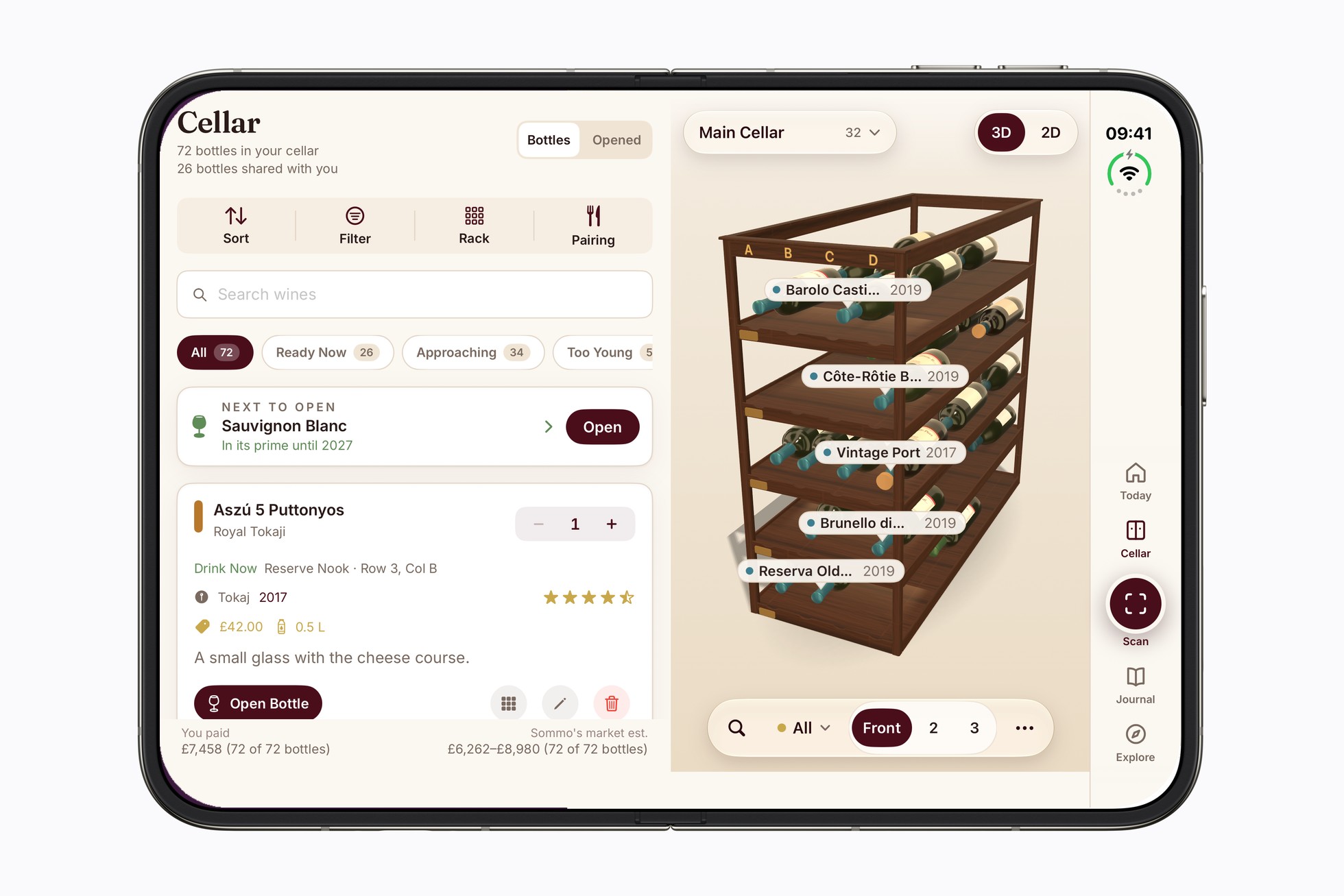 Sommo cellar list beside the 3D wine wall on iPhone Duo (Sommo)