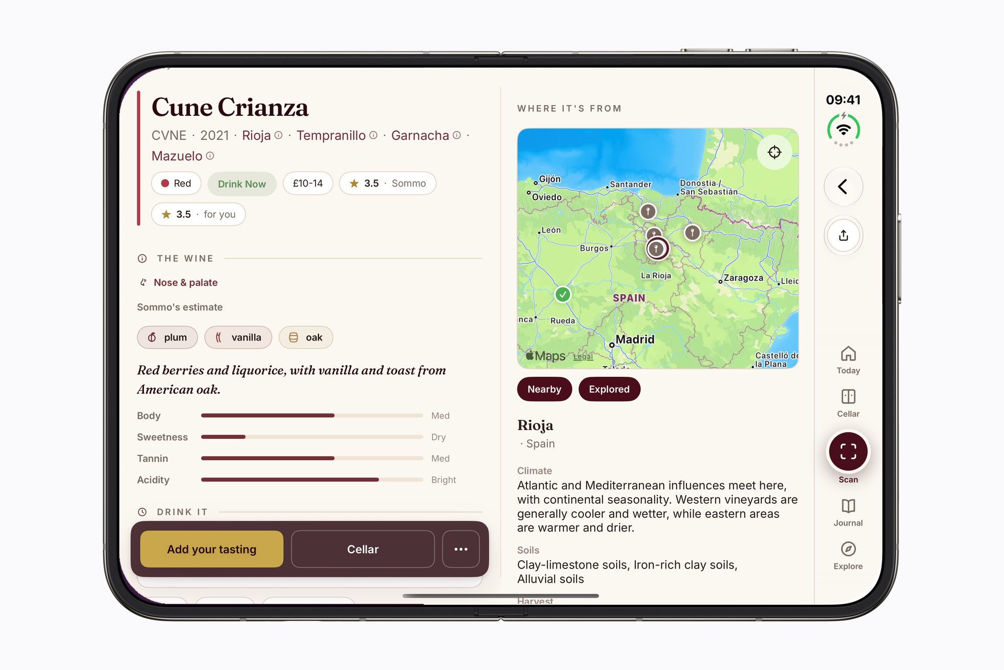 Sommo wine details beside the region map on iPhone Duo (Sommo)