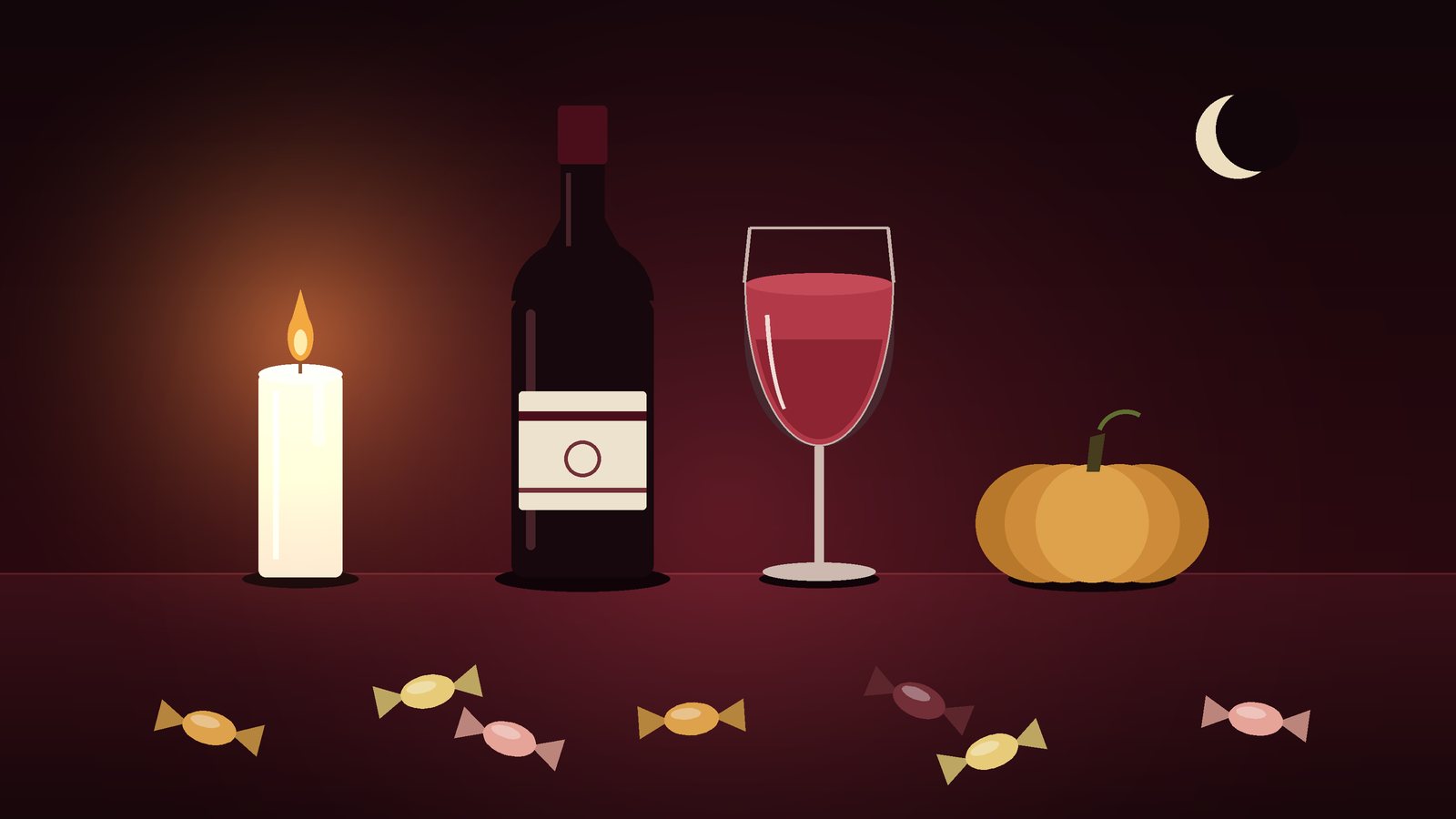 Candlelit table with a wine bottle, glass of red, pumpkin and sweets