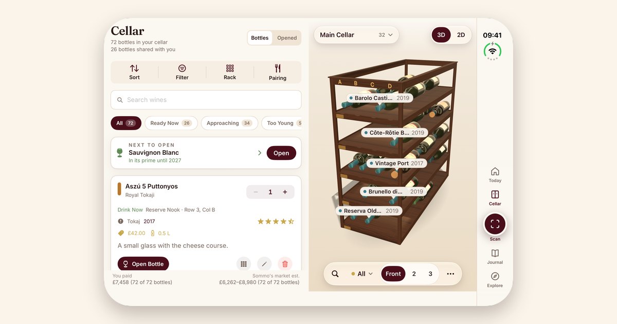 Sommo screenshot on an unfolded iPhone Duo: the cellar list on the left beside the 3D wine wall on the right