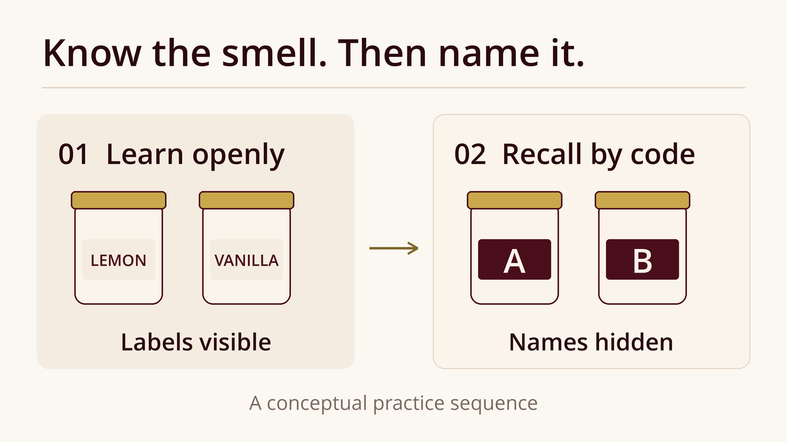 Open reference jars labelled lemon and vanilla become coded jars A and B for a later naming exercise.