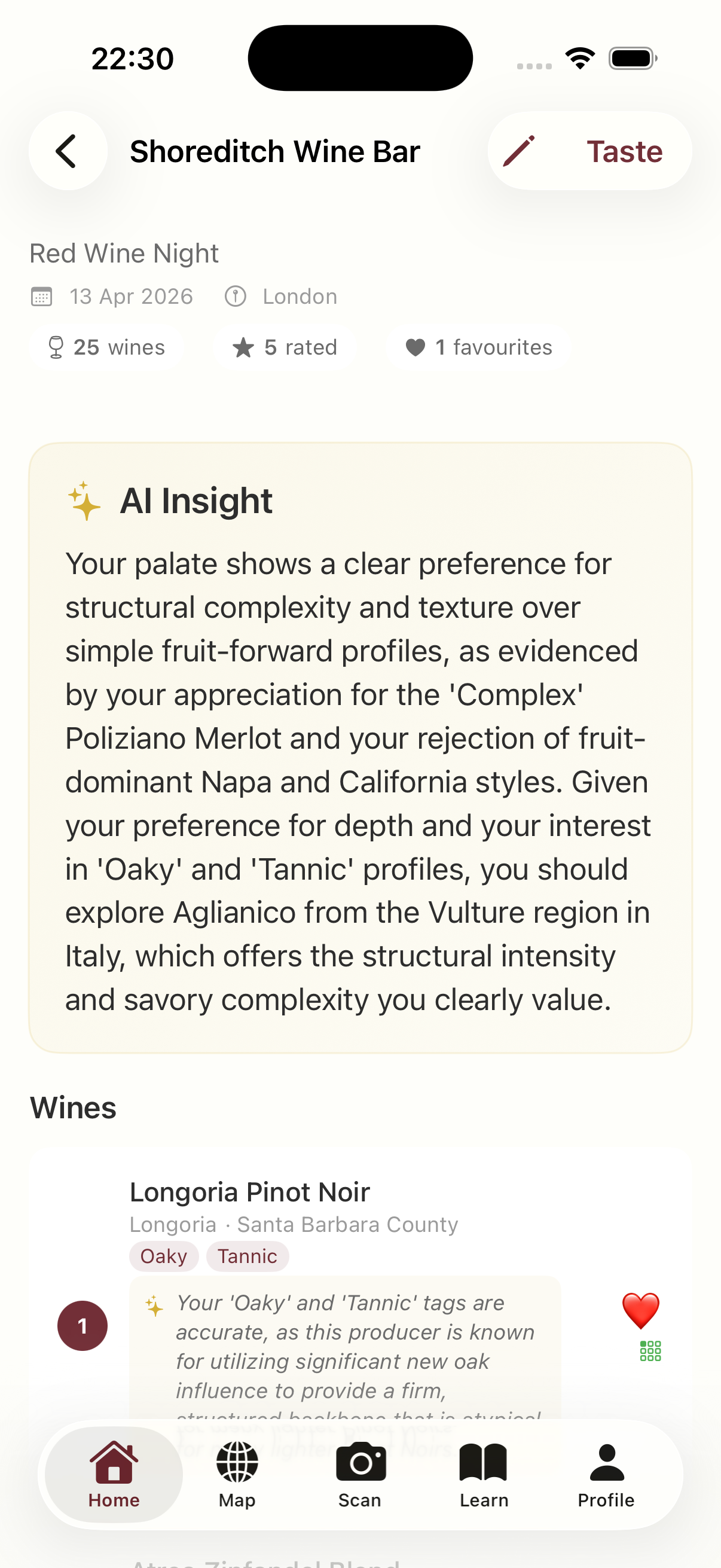 Tasting session detail showing AI insight and per-wine sommelier reviews