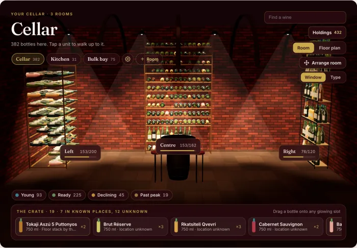 The 3D sample cellar: three racks around a tasting barrel, labelled with their fill, above the crate of loose bottles.