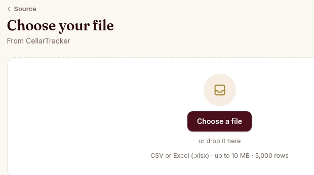 Sommo web importer: choosing a CellarTracker export to upload, CSV or Excel up to 10 MB and 5,000 rows