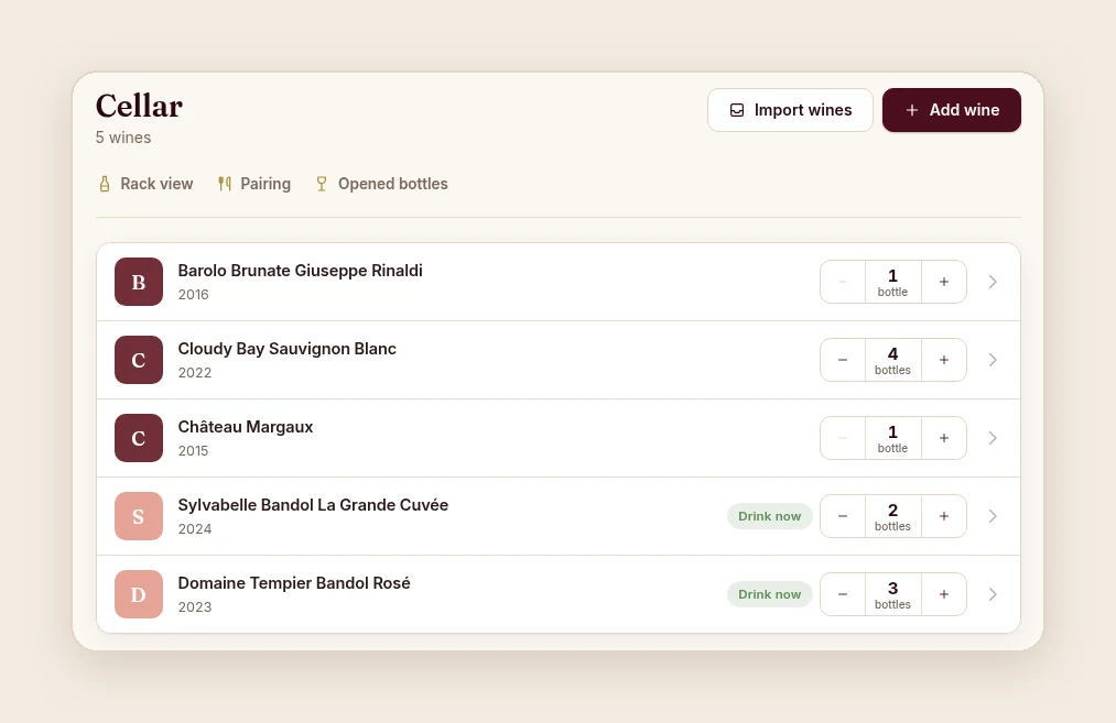 Imported wines and bottle counts in the Sommo web cellar after confirming the import