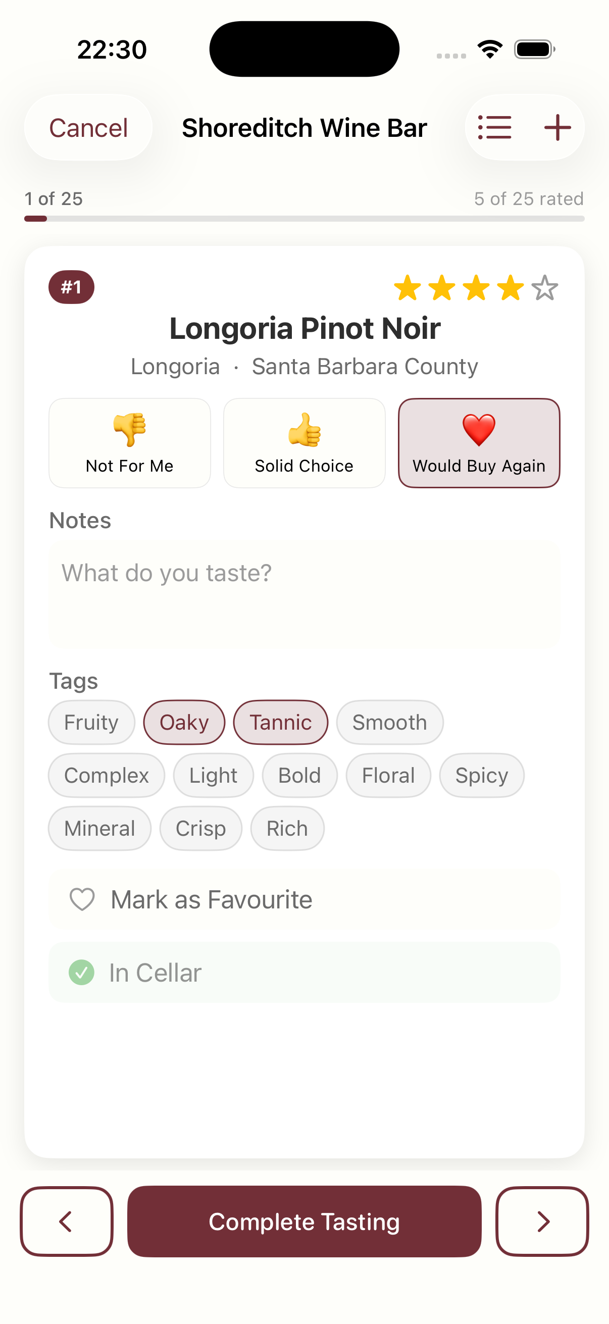 Wine tasting quick-rate card showing one-tap rating, tasting notes, flavour tags, and cellar button