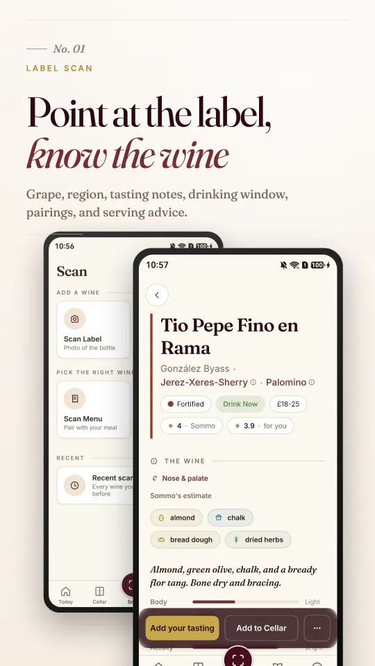 Label scan: point at the label to learn the grape, region, tasting notes, drinking window and pairings