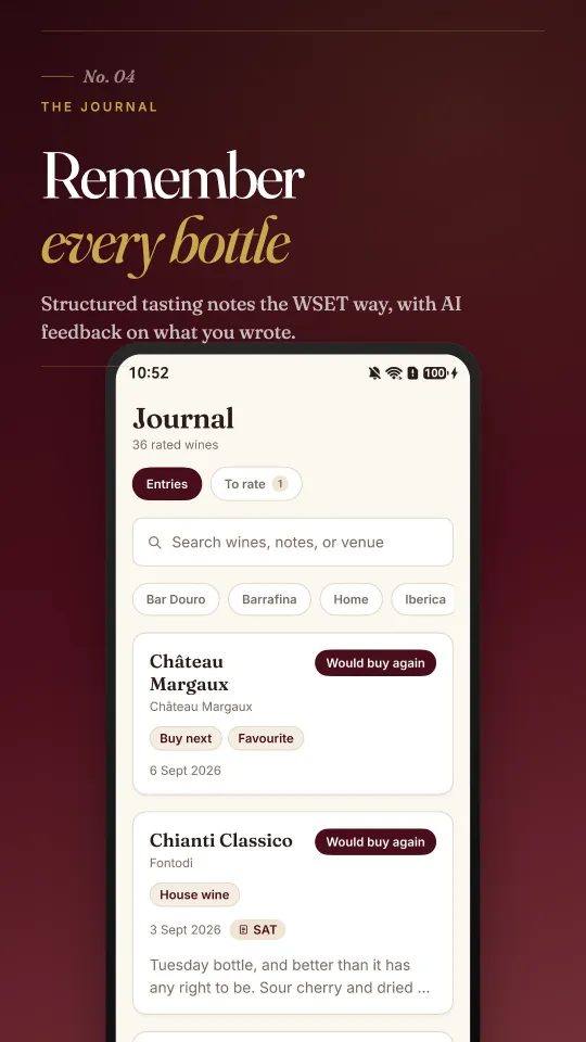 Journal: structured tasting notes the WSET way, with AI feedback