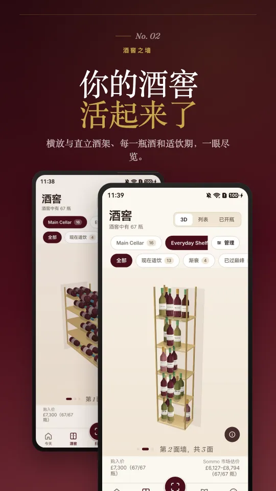酒窖:横放与直立酒架的 3D 视图,每一瓶酒和它的适饮期一目了然