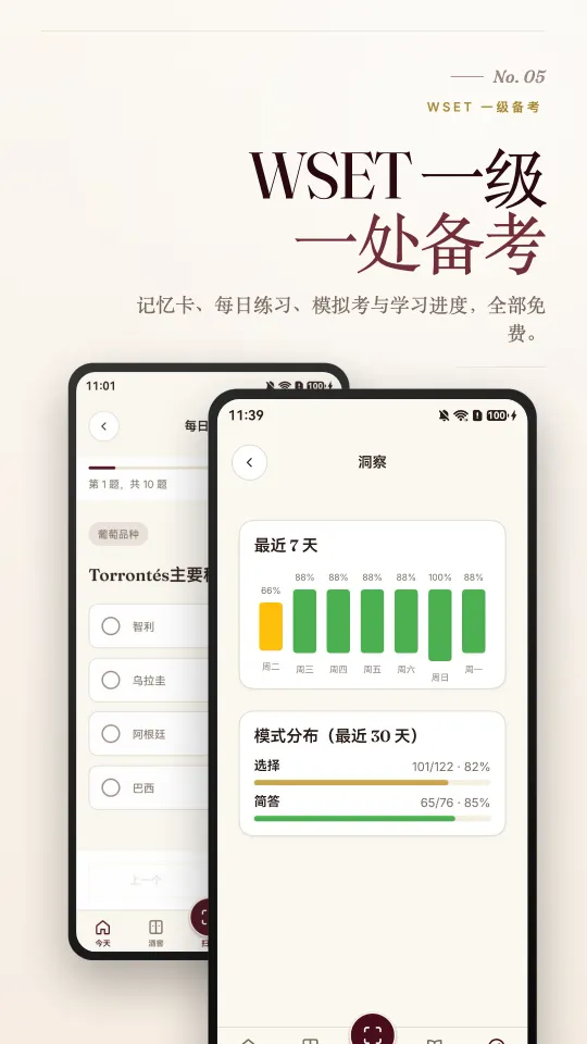 WSET 一级:记忆卡、每日练习、模拟考试与学习进度洞察