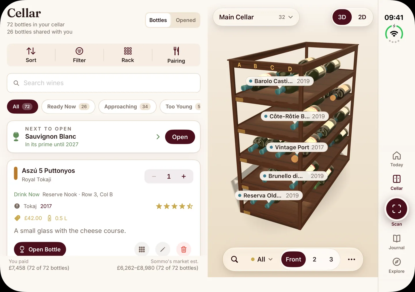 Sommo on iPhone Duo, unfolded: the cellar list on the left beside the 3D wine wall on the right