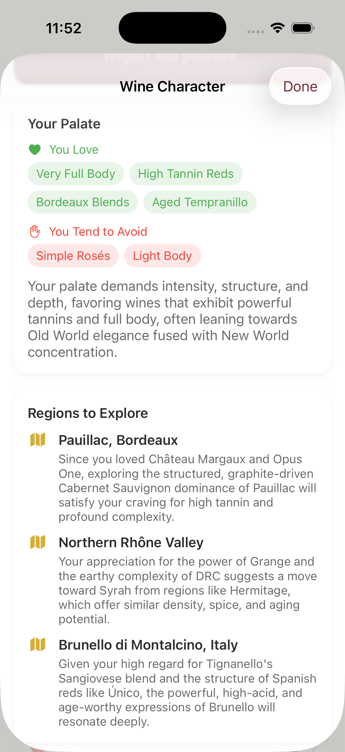 AI-generated wine character analysis with taste patterns