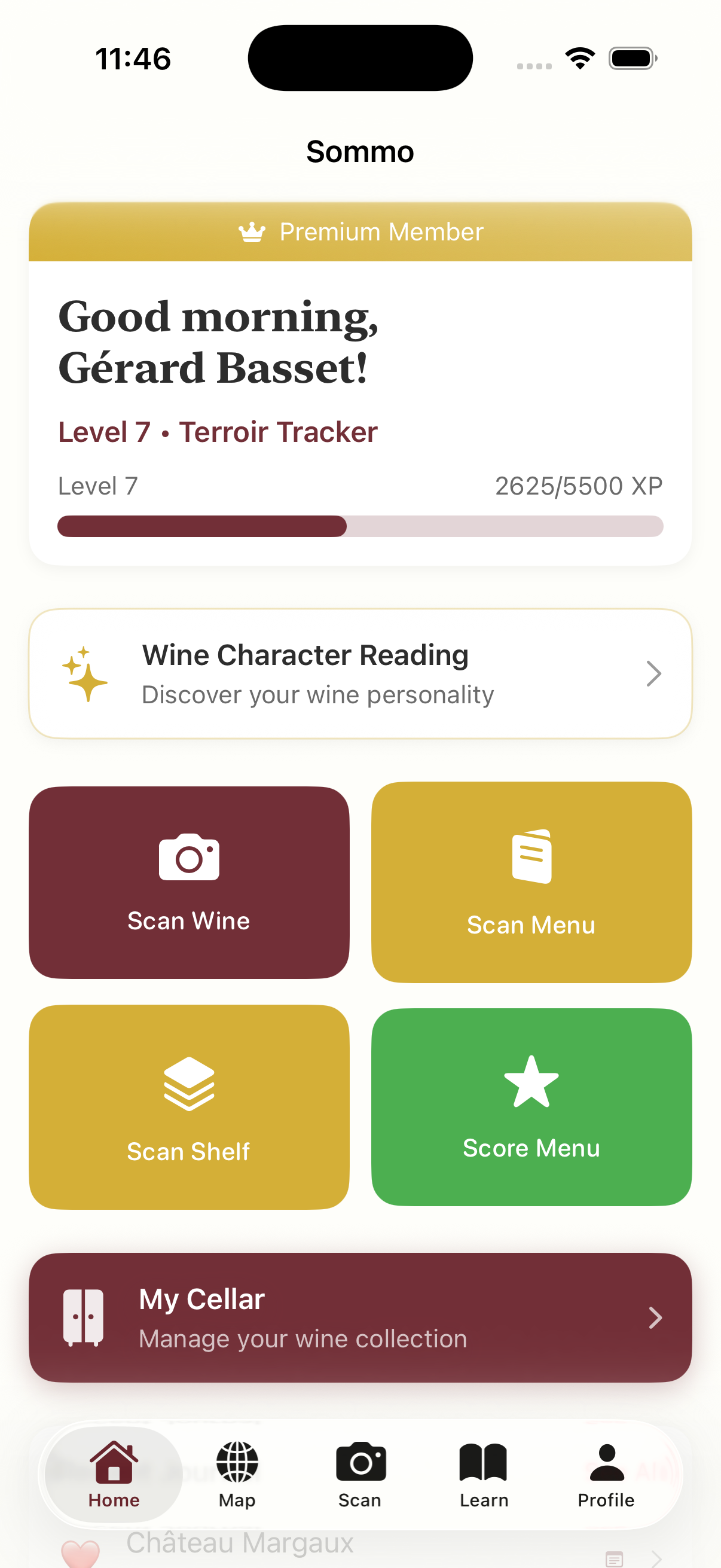Sommo app home screen showing your personalized wine journey