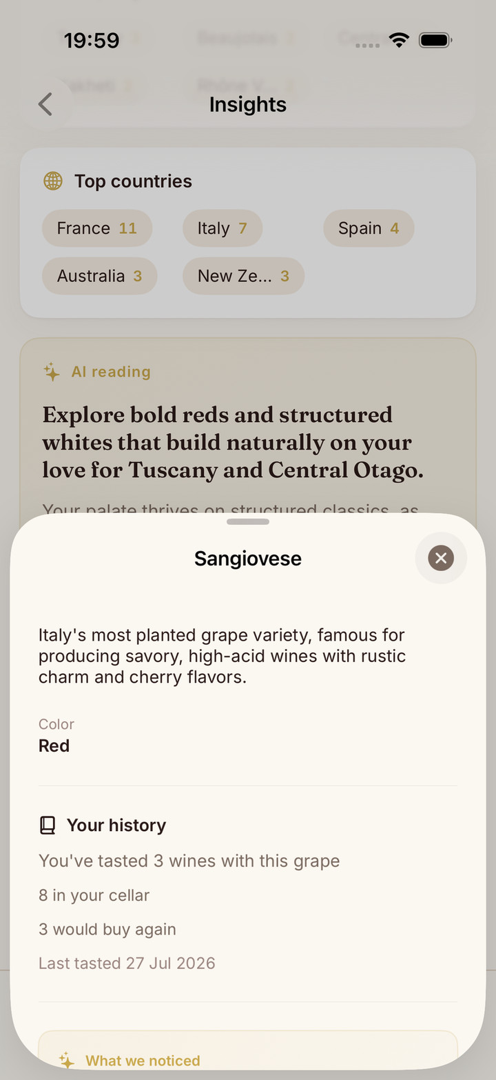 Sommo grape info sheet showing history stats and a What we noticed AI card