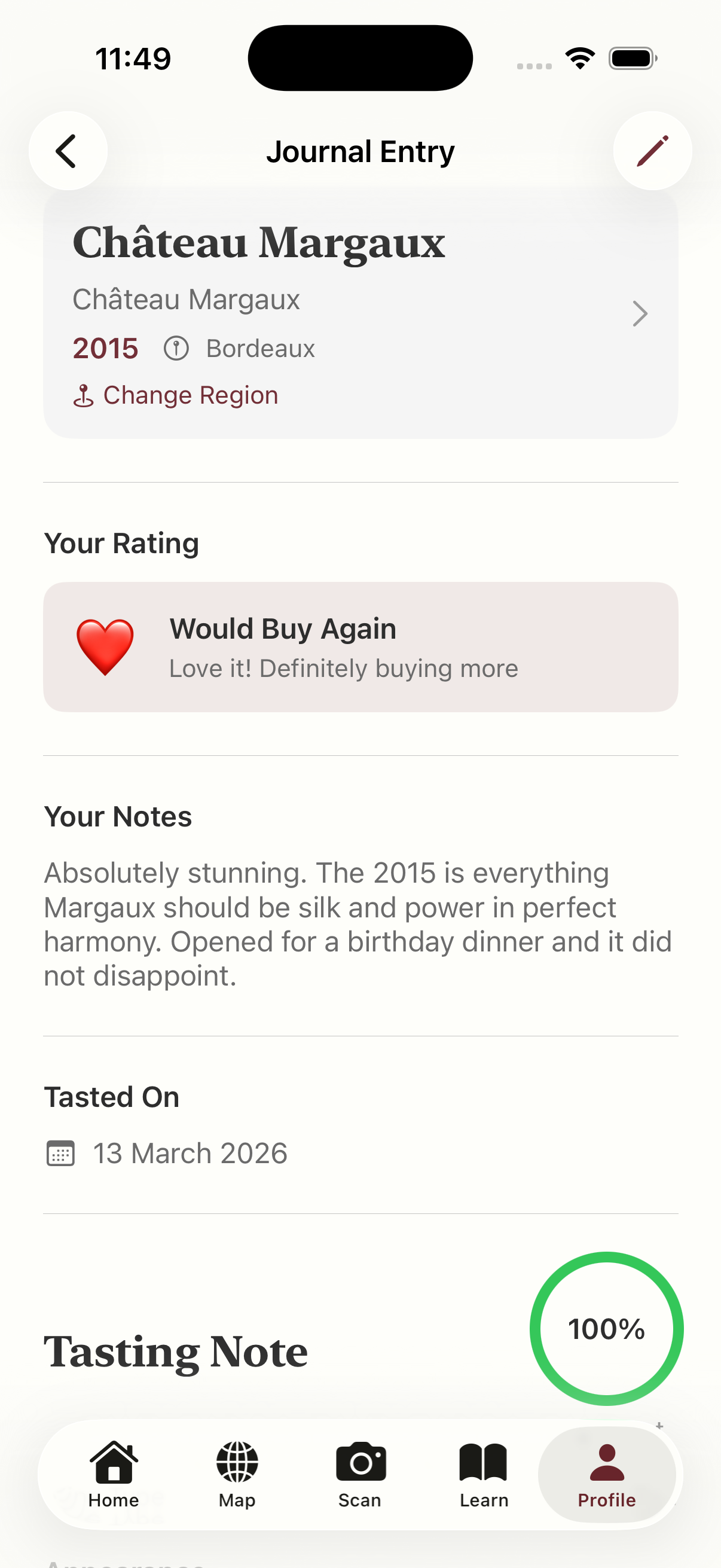 Guided tasting note wizard following the Systematic Approach to Tasting
