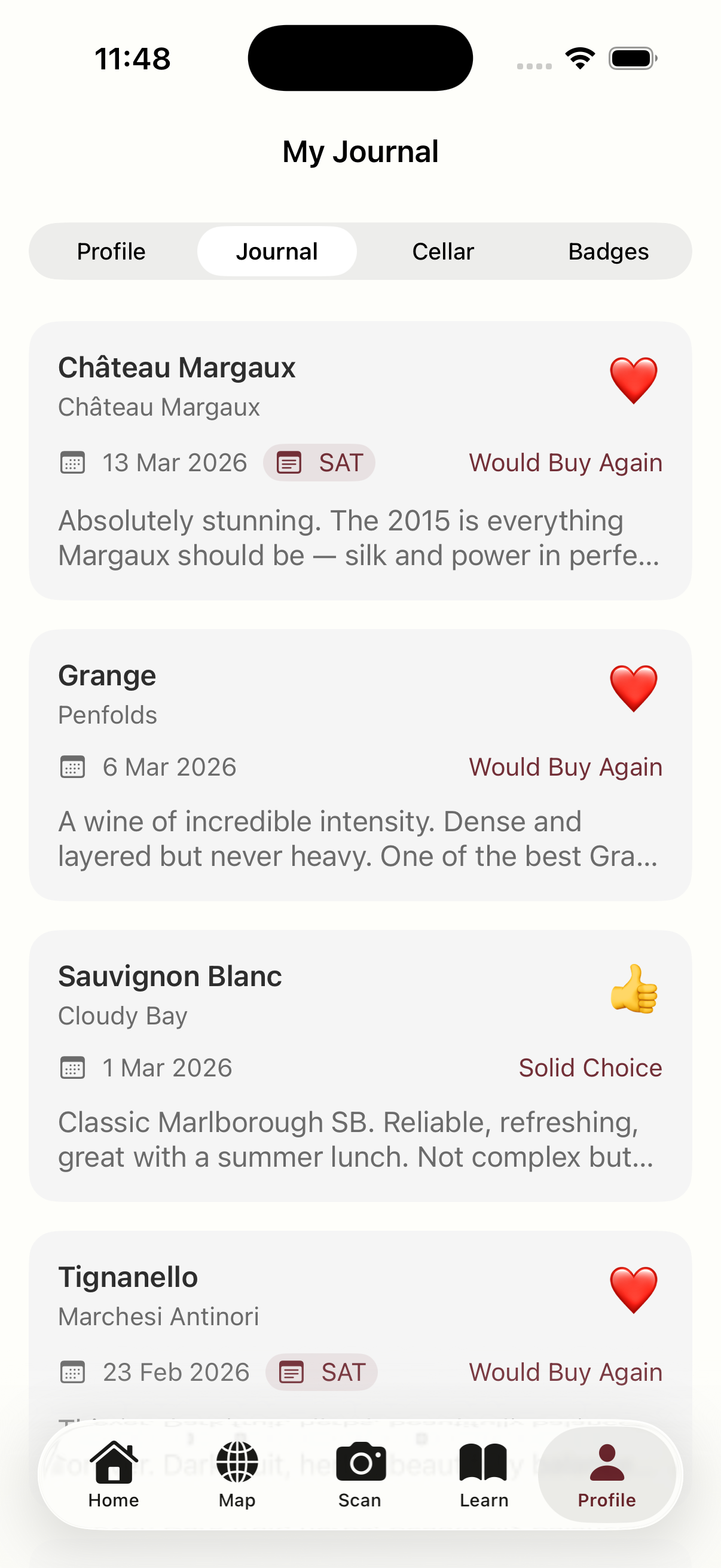 Wine journal showing rated wines with tasting notes