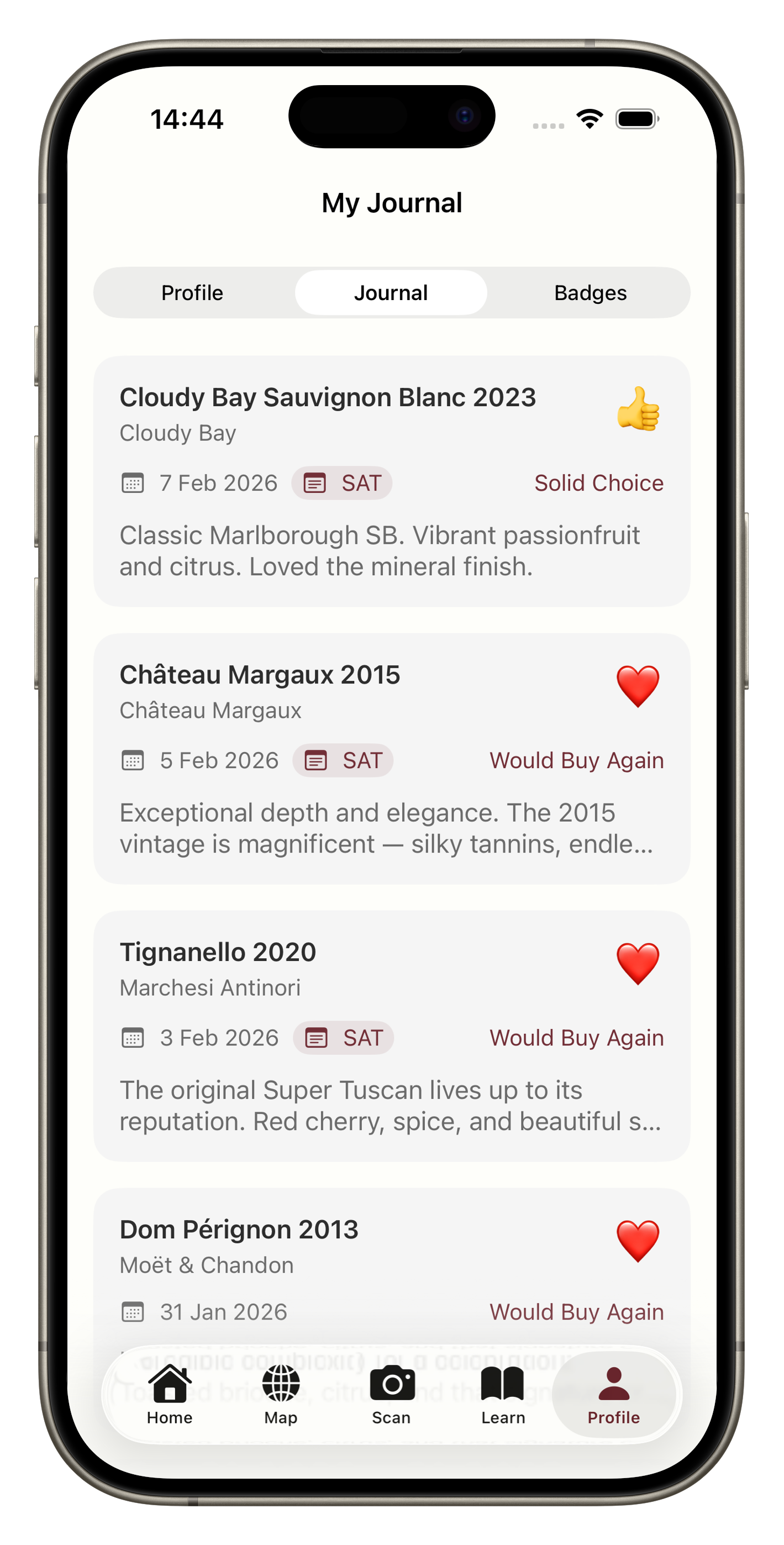 Wine journal showing rated wines with tasting notes
