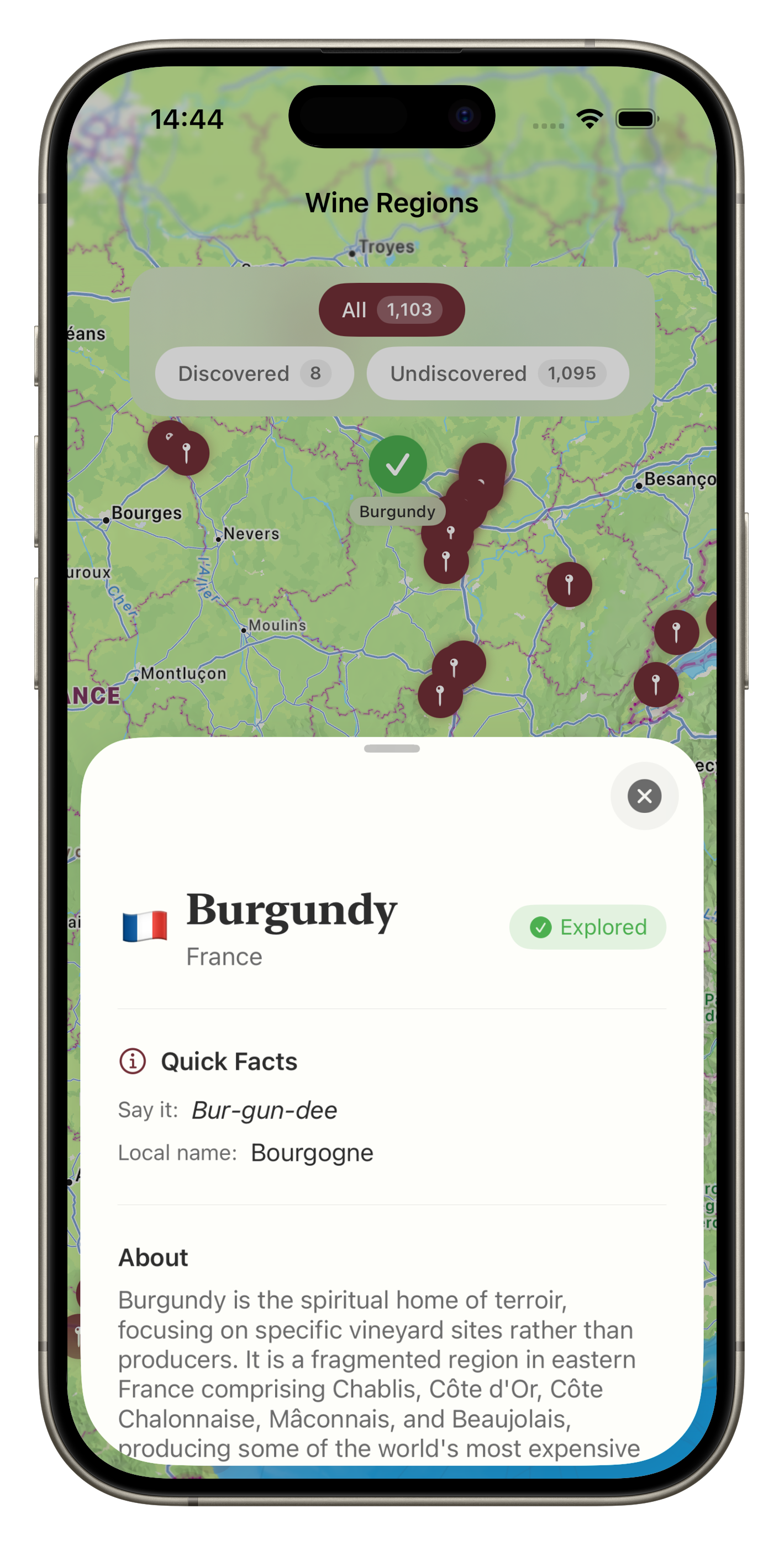 Interactive wine regions map with explored regions highlighted