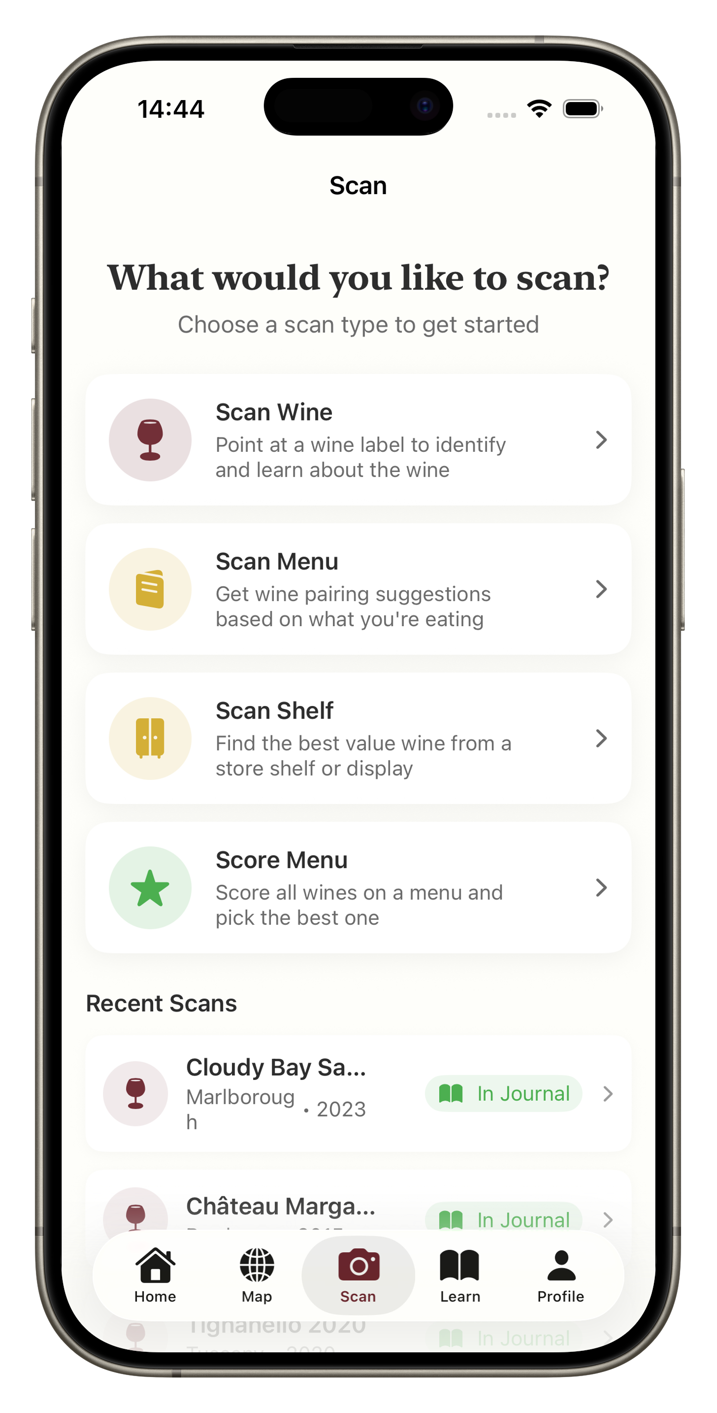AI Wine Scanning interface with recent scan history