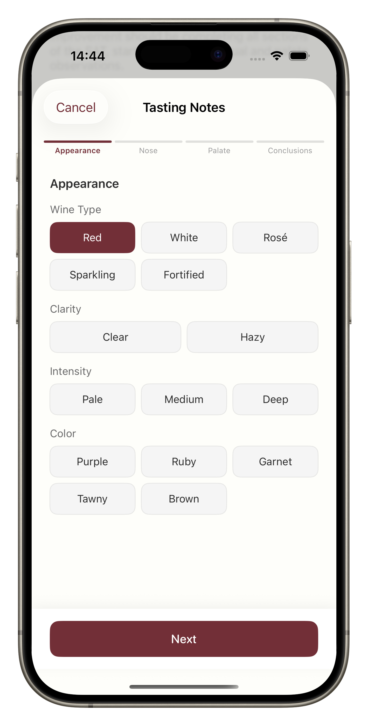 Guided tasting note wizard following the Systematic Approach to Tasting