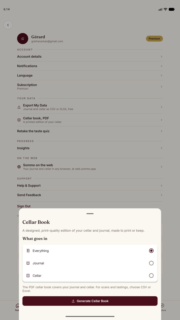 Sommo cellar book PDF export on Android tablet