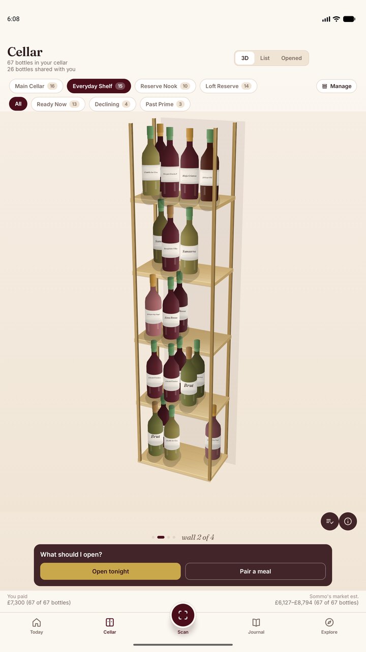 Sommo cellar with bottles stored upright in a second rack layout on Android tablet