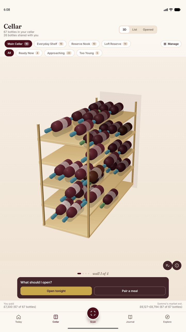 Sommo cellar with bottles laid horizontally in depth lanes on Android tablet