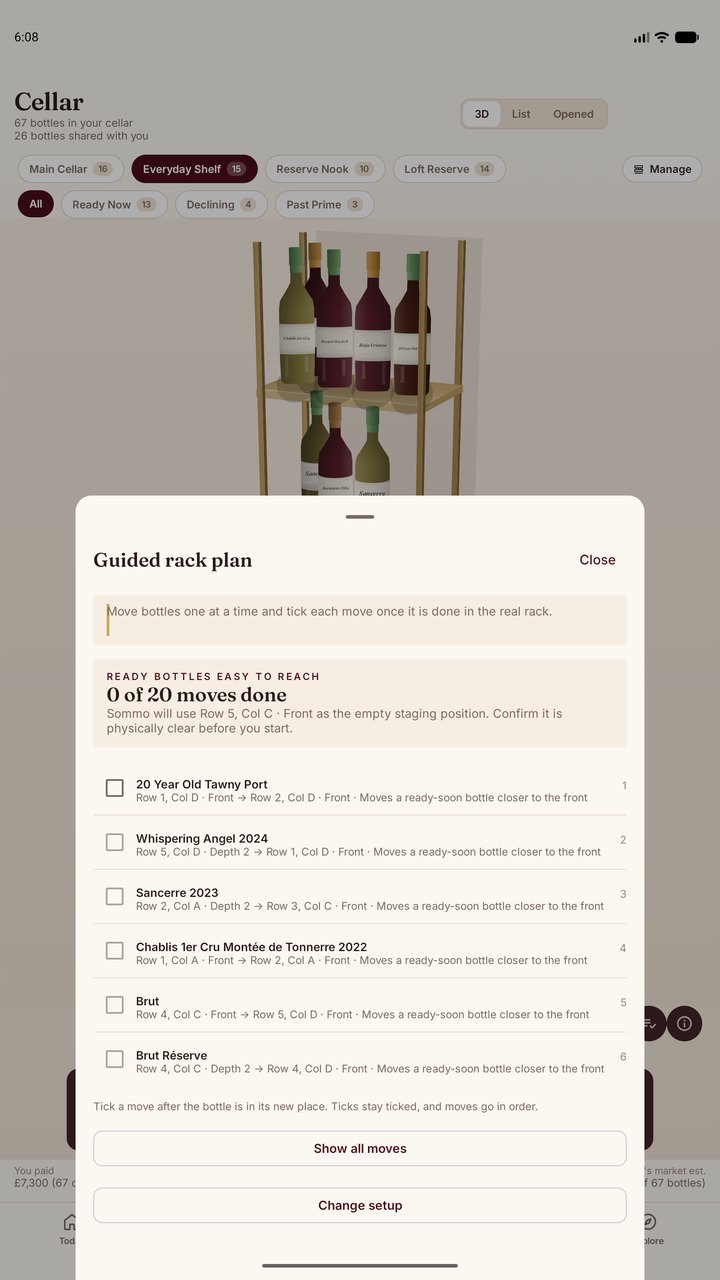 Sommo guided rack reorganisation checklist on Android tablet