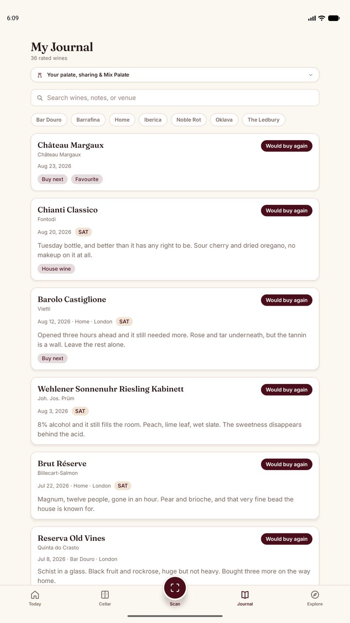 Sommo personal wine journal entries list on Android tablet