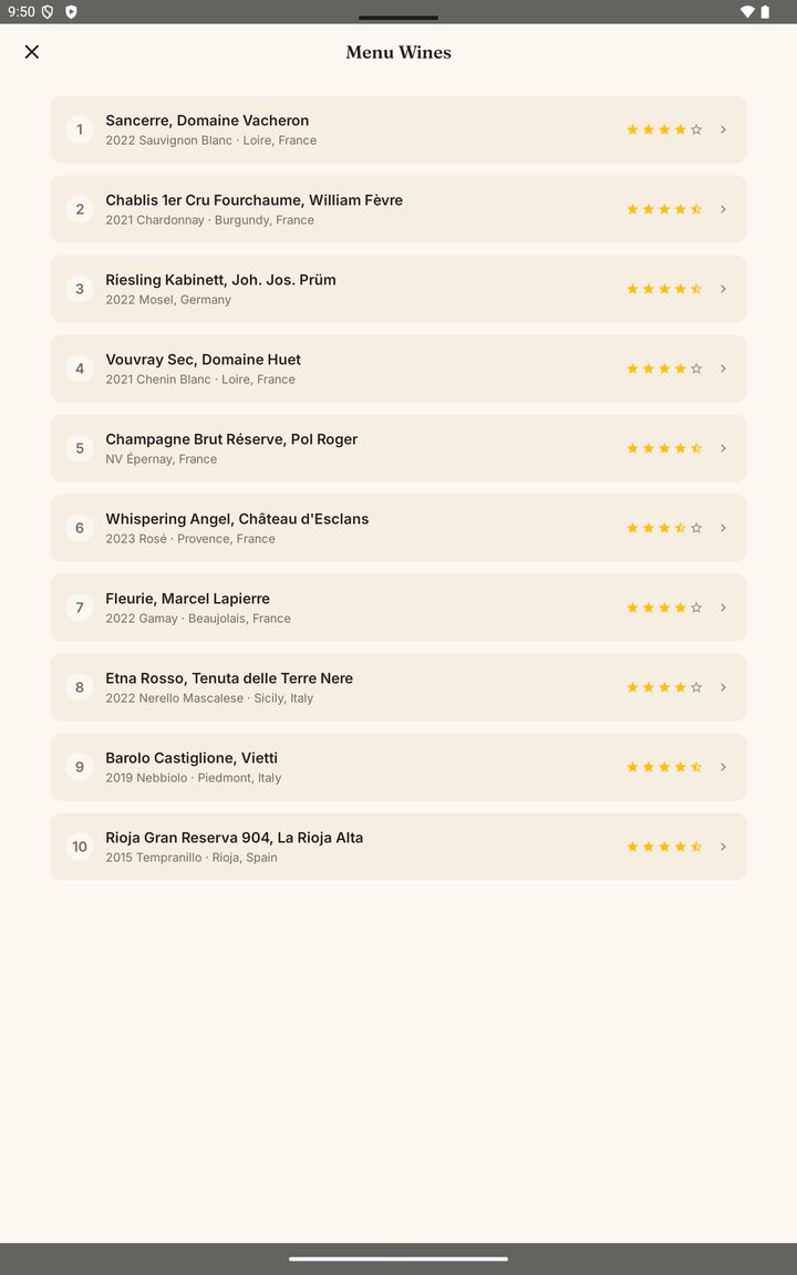 Sommo AI-scored restaurant wine list on Android tablet