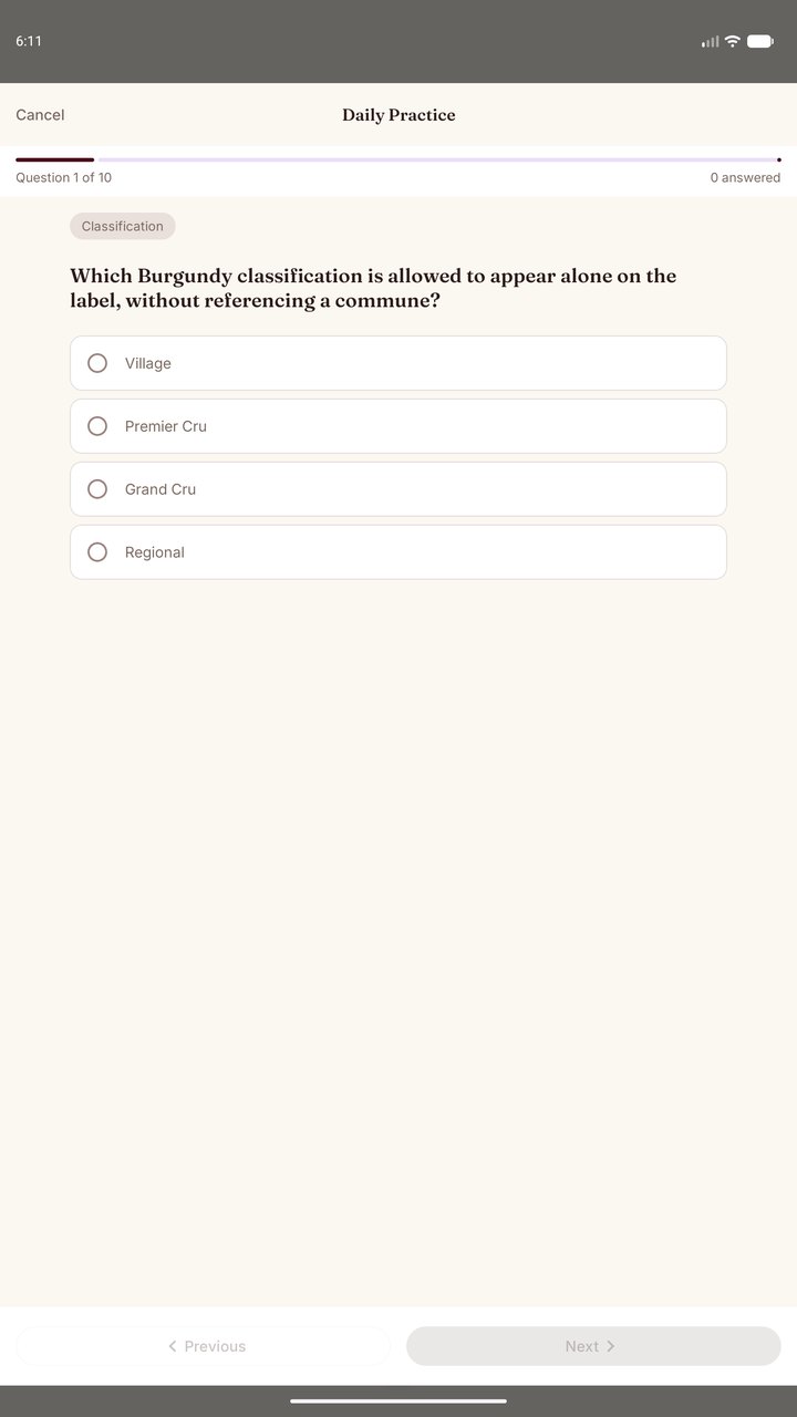 Sommo WSET exam prep drill on Android tablet