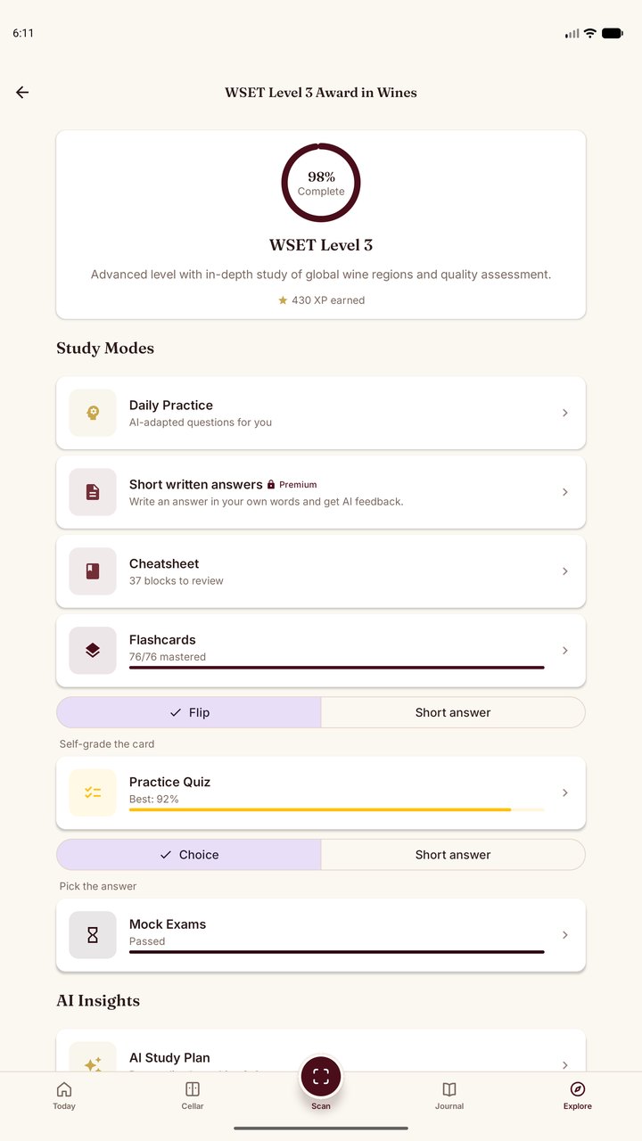 Sommo WSET study insights with streak and accuracy trend on Android tablet