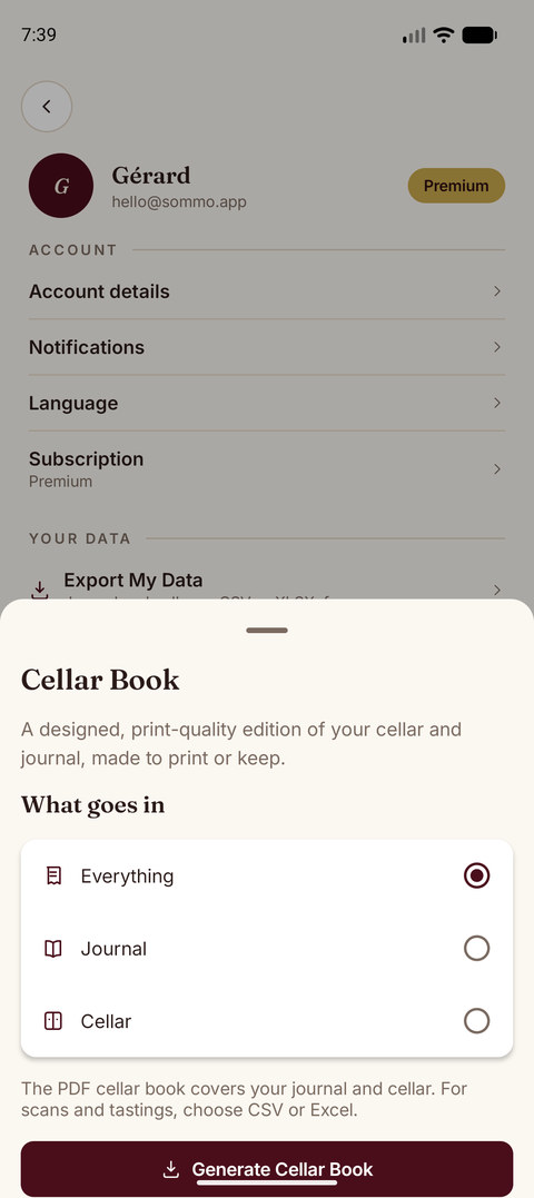 Sommo cellar book PDF export on Android
