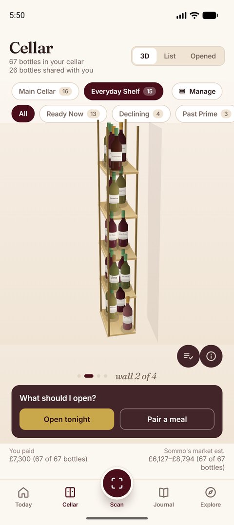 Sommo cellar with bottles stored upright in a second rack layout on Android