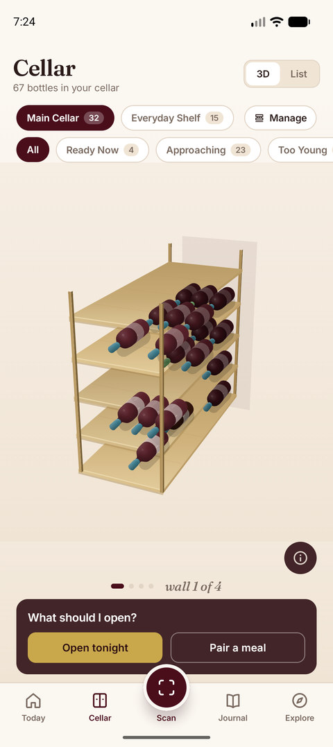 Sommo 3D cellar wall with bottles in depth lanes on Android