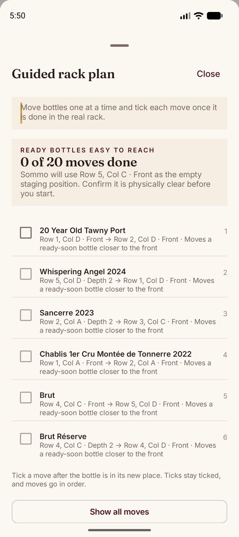 Sommo guided rack reorganisation checklist on Android