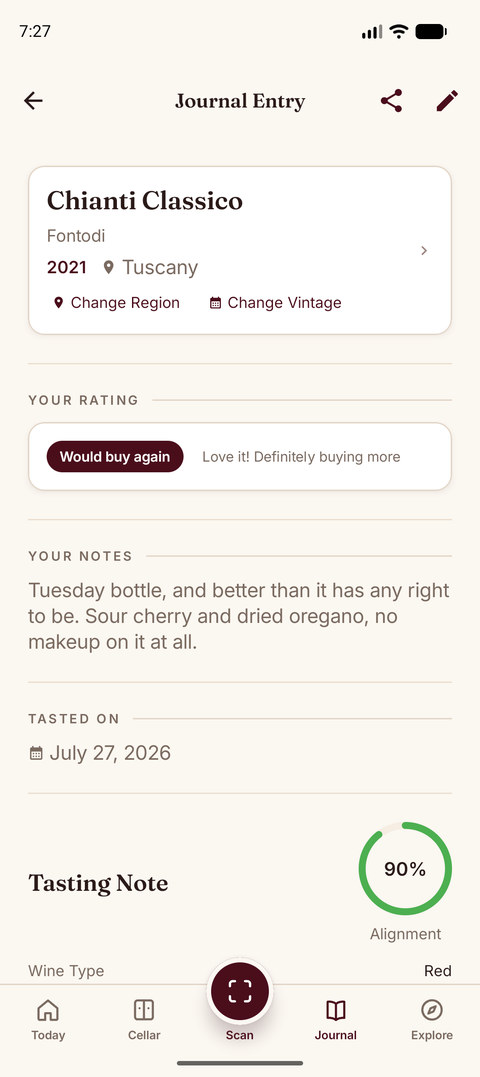 Sommo journal entry with SAT tasting notes on Android